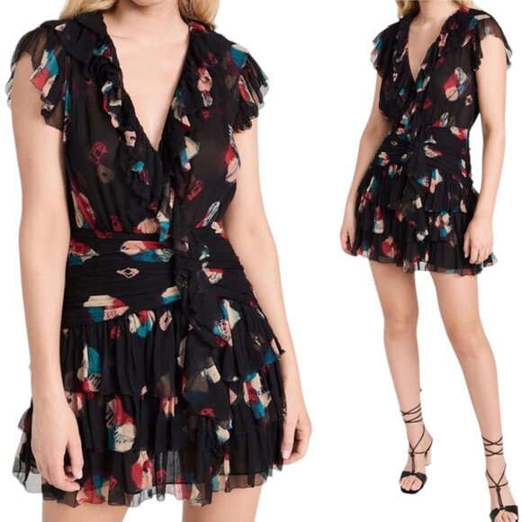 Ulla‎ Johnson Zina Nocturne Ruffle Shibori Silk Crinkle Chiffon Mini Dress 2 - Picture 1 of 14